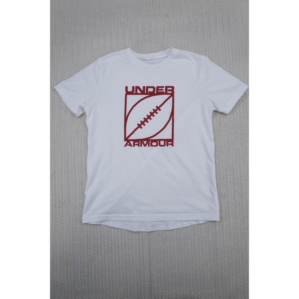 Under Armour Shirt Boys Youth Medium White Loose Fit Football Logo Heat Gear